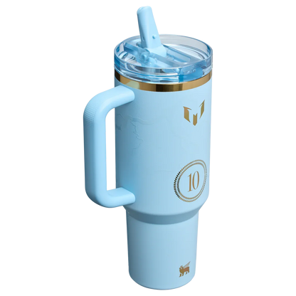 Light blue insulated travel mug with handle, gold accents, and number 10 emblem